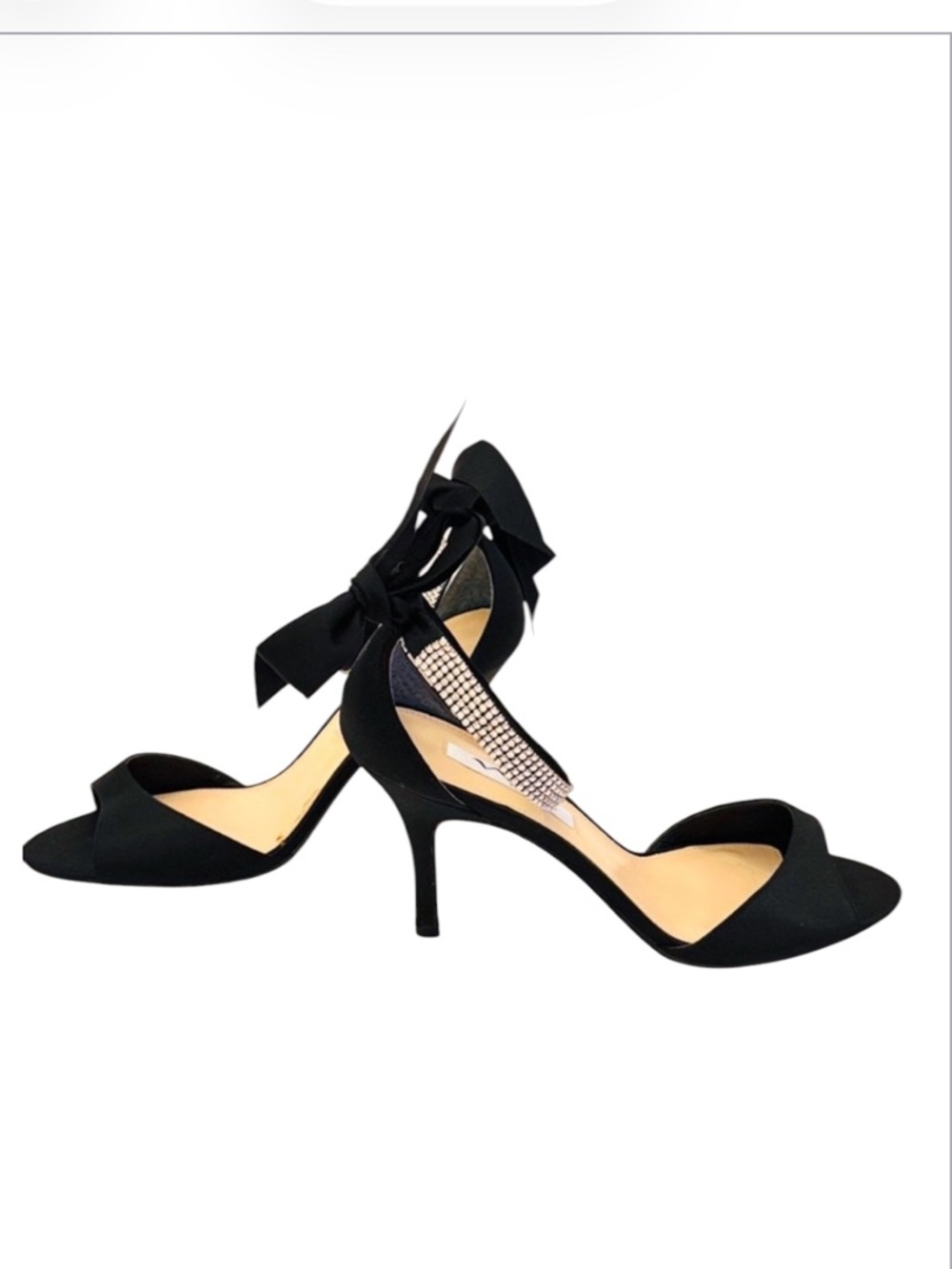 Nina Black Satin Rhinestone Strap Bow Tie Back Heels Size 8 1/2 - Picture 2 of 11
